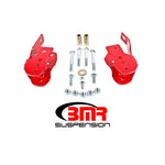 Red BMR Suspension bolt-on lower control arm relocation brackets for 2005-2014 Ford Mustang S197.