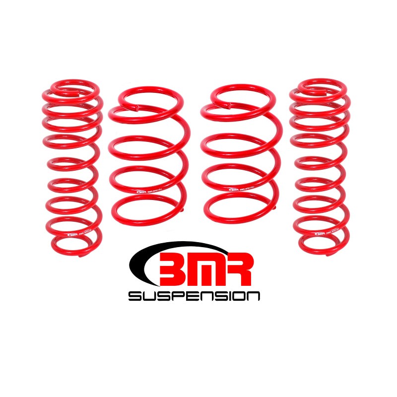 Set of four red BMR Suspension performance lowering springs for 2005-2014 Ford Mustang S197 chassis.