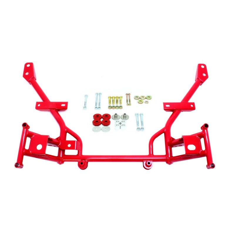 Red powdercoated BMR tubular K-member KM020R with 1/2 inch lowered motor mounts for S197 Mustang.