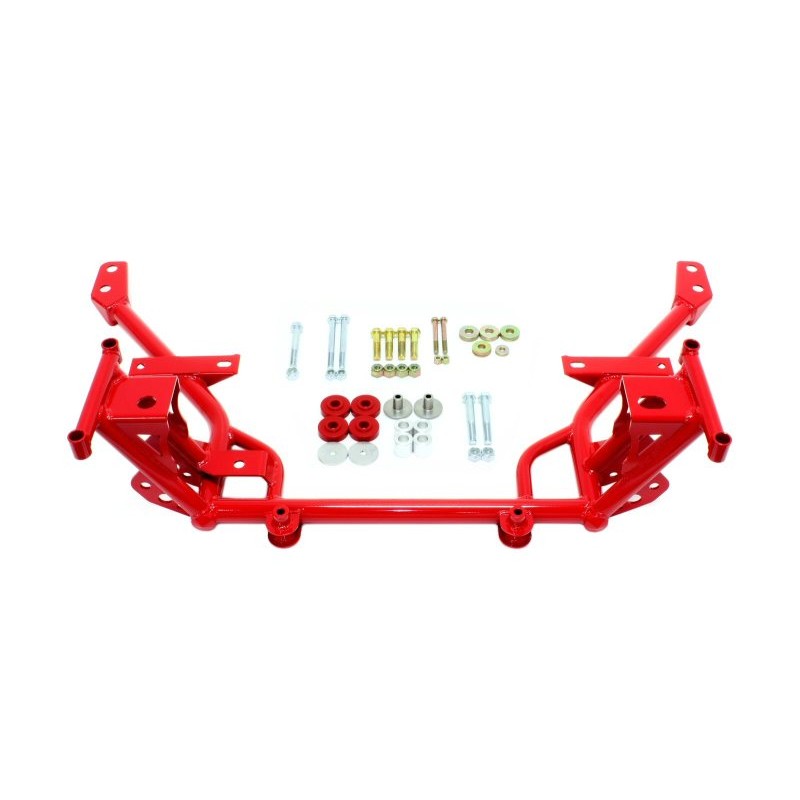 Red powdercoated BMR Suspension tubular K-member for 2005-2014 Mustang with integrated engine mounts.