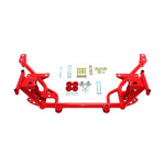 Red powdercoated BMR Suspension tubular K-member for 2005-2014 Mustang with integrated engine mounts.