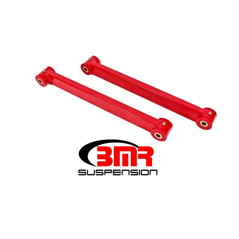 Red powdercoated boxed steel lower control arms with black polyurethane bushings for 2005-2014 Ford Mustang