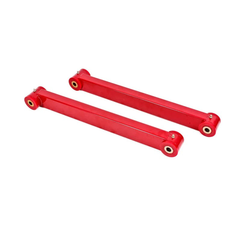Red BMR Suspension boxed lower control arms with black polyurethane bushings for 2005-2014 Ford Mustang S197