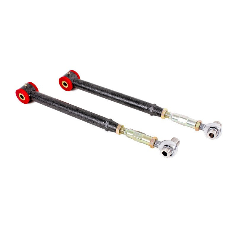 BMR Black Hammertone on-car adjustable lower control arms with polyurethane bushings and rod ends for S197 Mustang.