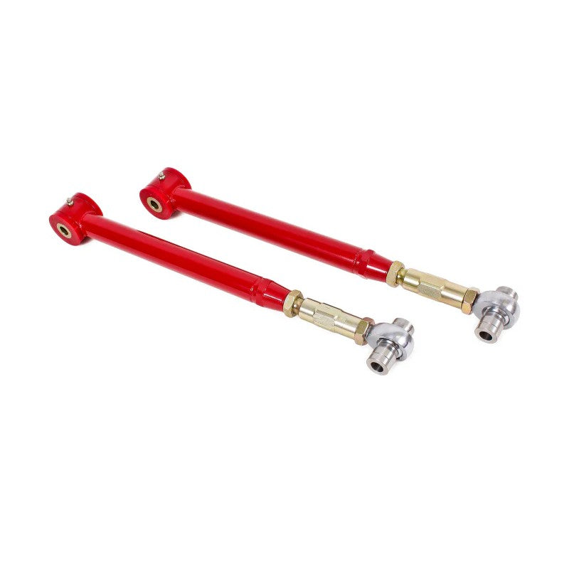 Red powdercoated BMR on-car adjustable lower control arms with rod ends and polyurethane bushings for S197 Mustang.