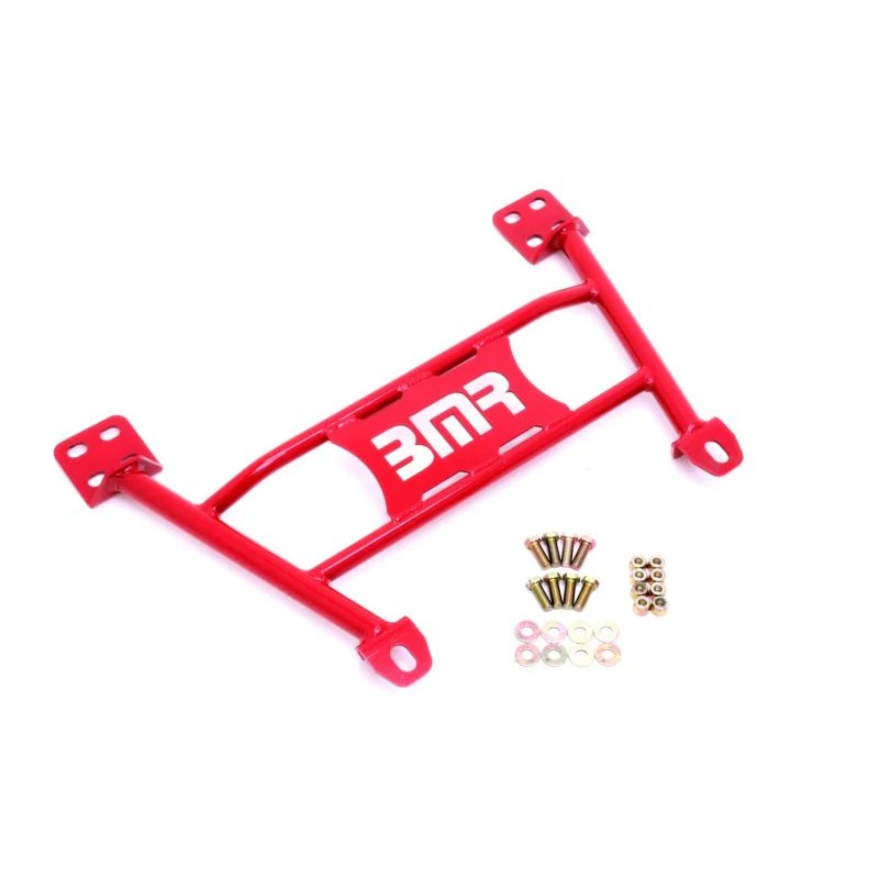 Red powder-coated BMR radiator support chassis brace for 2005-2014 S197 Ford Mustang models.