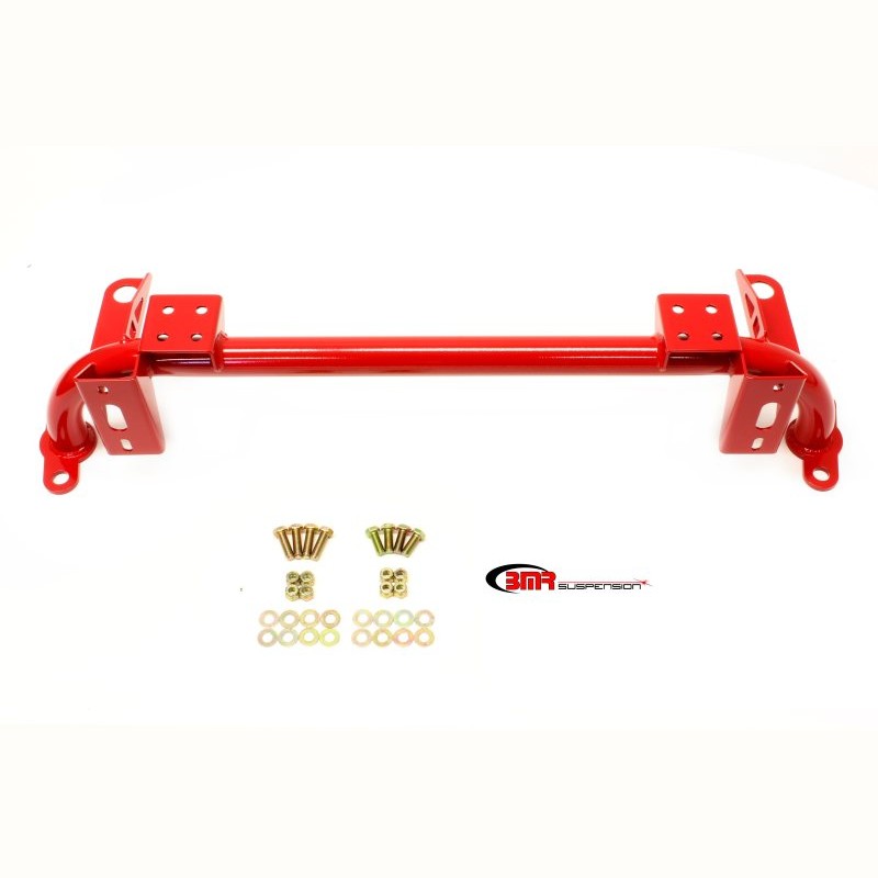 Red tubular steel BMR radiator support with integrated sway bar mounts for 2005-2014 S197 Ford Mustang.