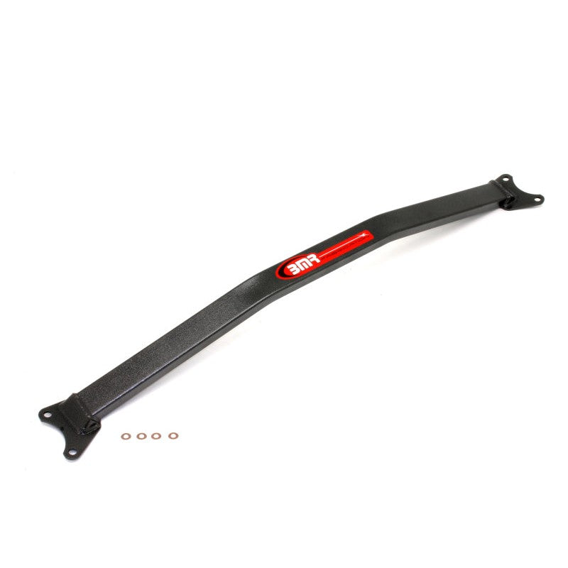 BMR black hammertone strut tower brace STB011H for 2005-2014 Ford Mustang V8 S197 with plenum cover.