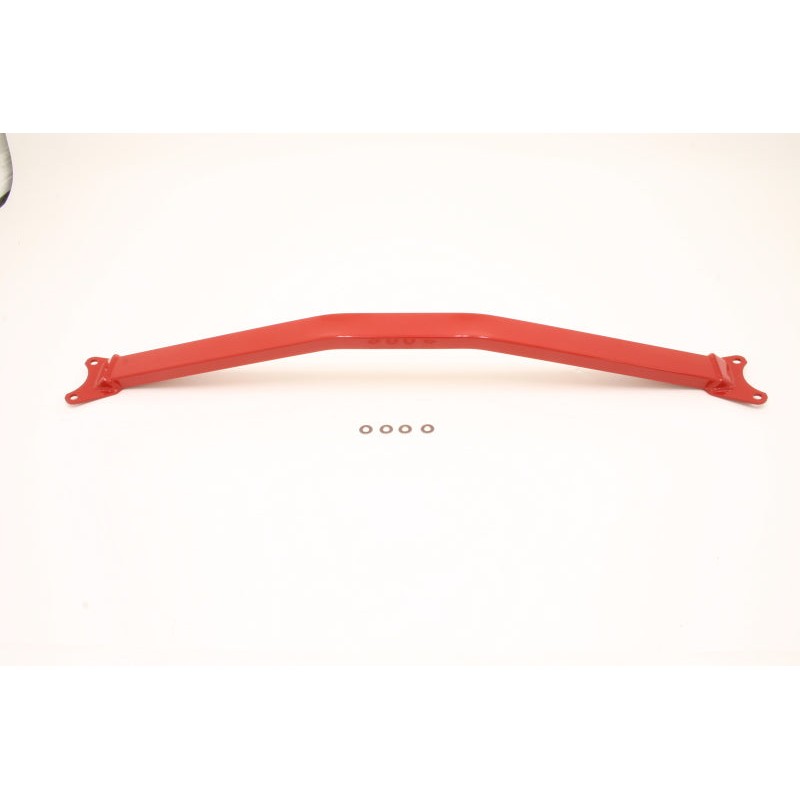 BMR red powder-coated steel strut tower brace for 2005-2014 Ford Mustang V8 engines with plenum covers.