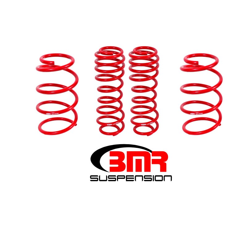 Set of four red powdercoated BMR Suspension drag lowering springs for 2007-2014 Ford Mustang Shelby GT500.