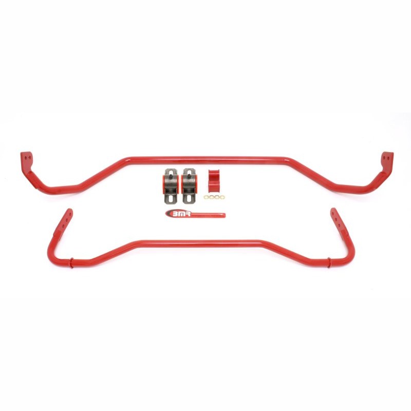 Red BMR 29mm front and rear adjustable sway bars with black polyurethane bushings and mounting brackets.