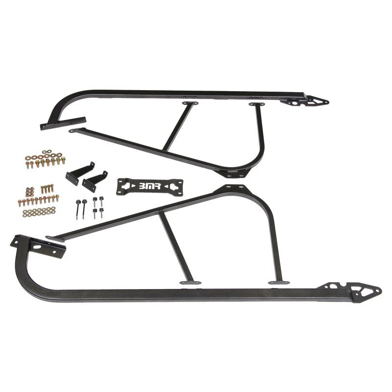 BMR bolt-on subframe connectors in black hammertone finish for 2008-2017 Dodge Challenger chassis reinforcement.
