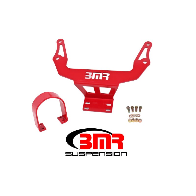 Red powdercoated 1/4-inch plate steel BMR driveshaft safety loop for 2015-2020 Dodge Challenger.