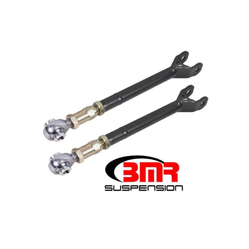 BMR Black Hammertone lower trailing arms for Dodge Challenger with chrome-moly rod ends and stainless steel spacers.