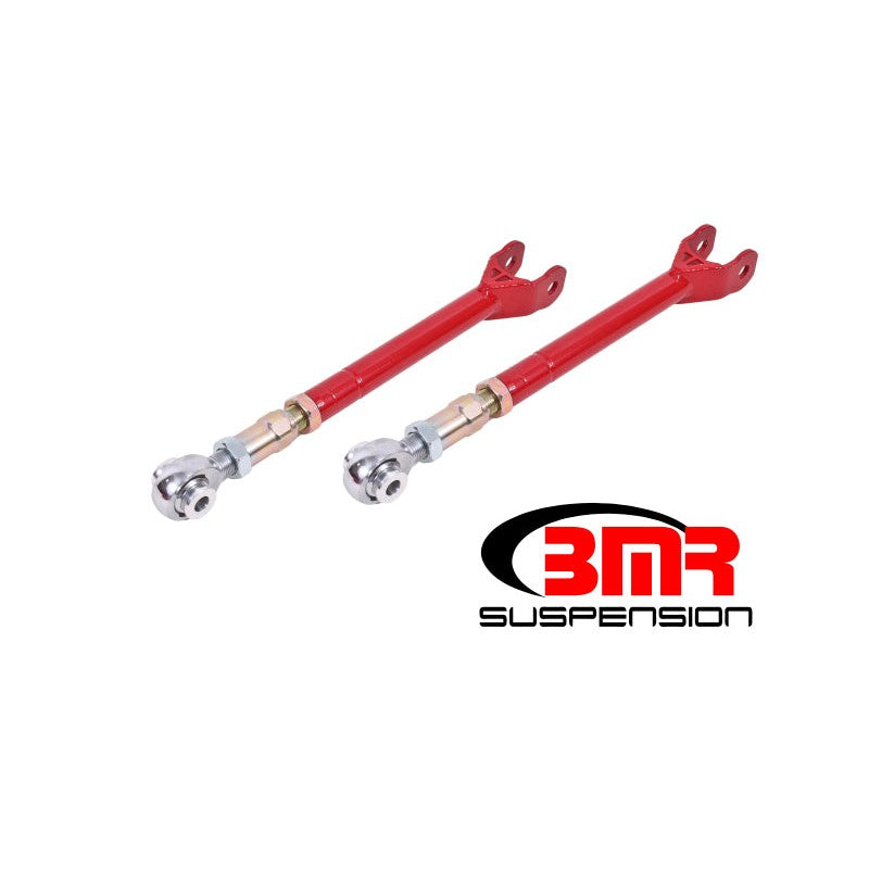 Red powdercoated BMR lower trailing arms with chrome-moly rod ends and stainless spacers for 2008-2020 Dodge Challenger.