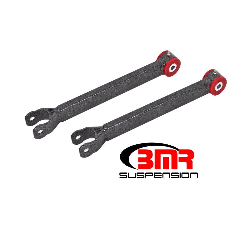 BMR LTA110H boxed steel lower trailing arms in black hammertone with red polyurethane bushings.