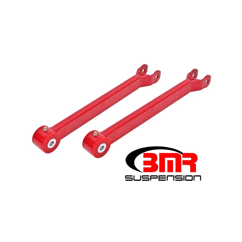 Red BMR Suspension boxed steel lower trailing arms with polyurethane bushings for 2008-2020 Dodge Challenger.
