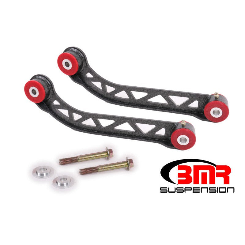 BMR Suspension black hammertone steel upper control arms with red polyurethane bushings for 2008-2020 Dodge Challenger.