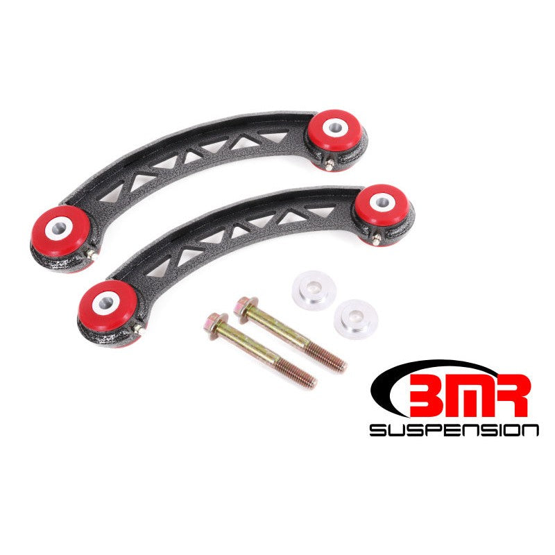 BMR Black Hammertone non-adjustable upper trailing arms with red polyurethane bushings for 2008-2020 Dodge Challenger.