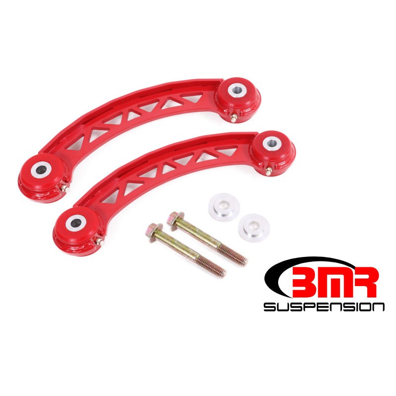Pair of red BMR Suspension non-adjustable upper trailing arms with red polyurethane bushings for Dodge Challenger.