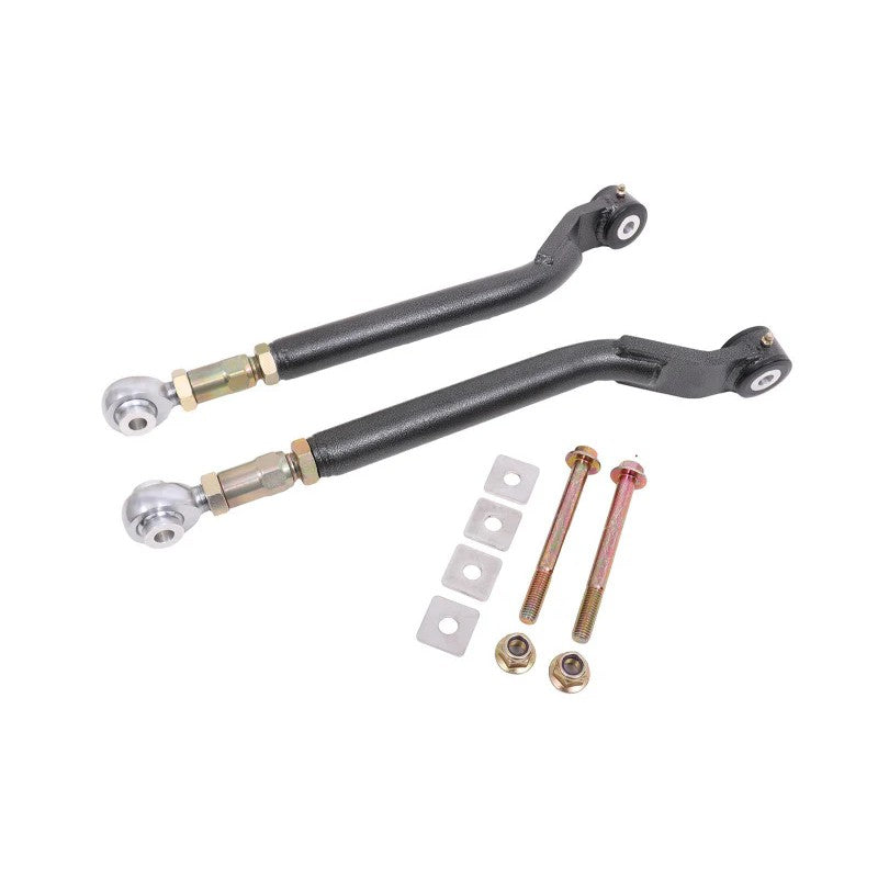 BMR black hammertone rear on-car adjustable toe rods with Delrin bushings and spherical rod ends for Dodge Challenger.