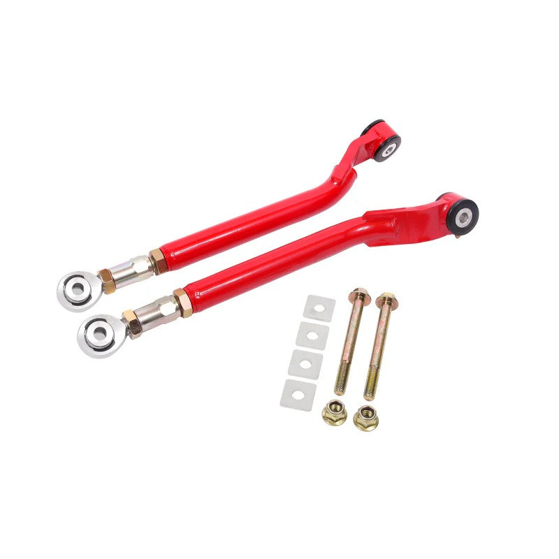 Red BMR rear on-car adjustable toe rods with Delrin bushings and rod ends for 2008-2017 Dodge Challenger