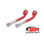 Red BMR on-car adjustable upper trailing arms with chrome-moly rod ends and stainless steel spacers for Dodge Challenger.