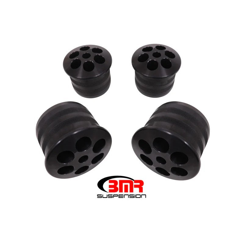 BMR SCB112 black anodized billet aluminum rear cradle bushing kit for 2008-2018 Dodge Challenger.