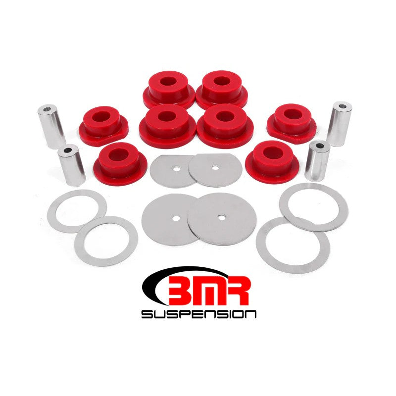 Red BMR SCB111 polyurethane rear cradle bushing kit for 2008-2018 Dodge Challenger.