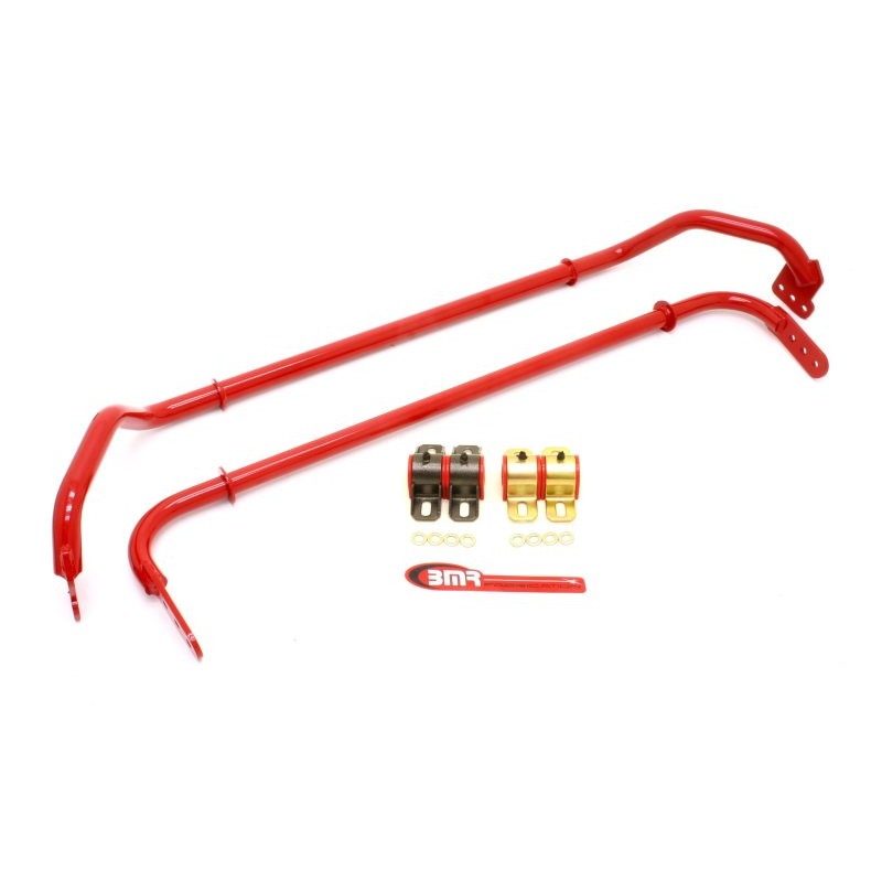 Red powdercoated BMR front and rear 29mm sway bars with black polyurethane bushings and brackets for 2010-2012 Camaro.