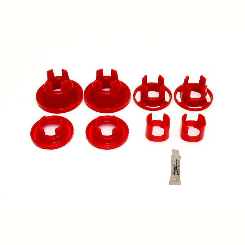 Red BMR BK016 polyurethane rear cradle bushing inserts for 2010-2011 Chevrolet Camaro.