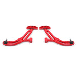 Red powdercoated BMR lower A-arms with poly and Delrin bushings for 2010-2014 Ford Mustang.