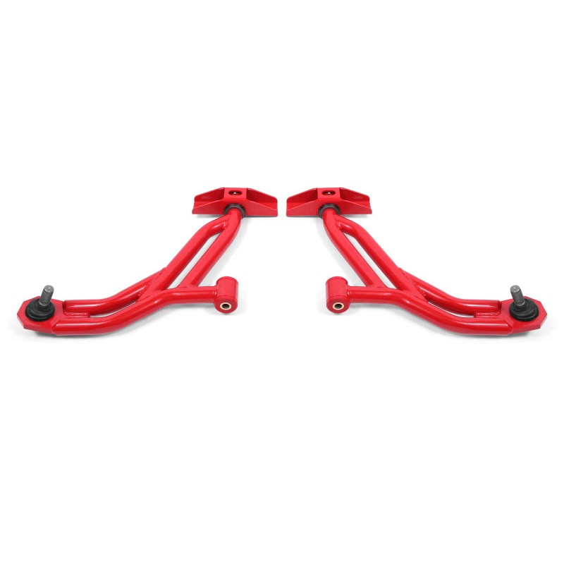 Red powdercoated BMR lower A-arms with poly and Delrin bushings for 2010-2014 Ford Mustang.