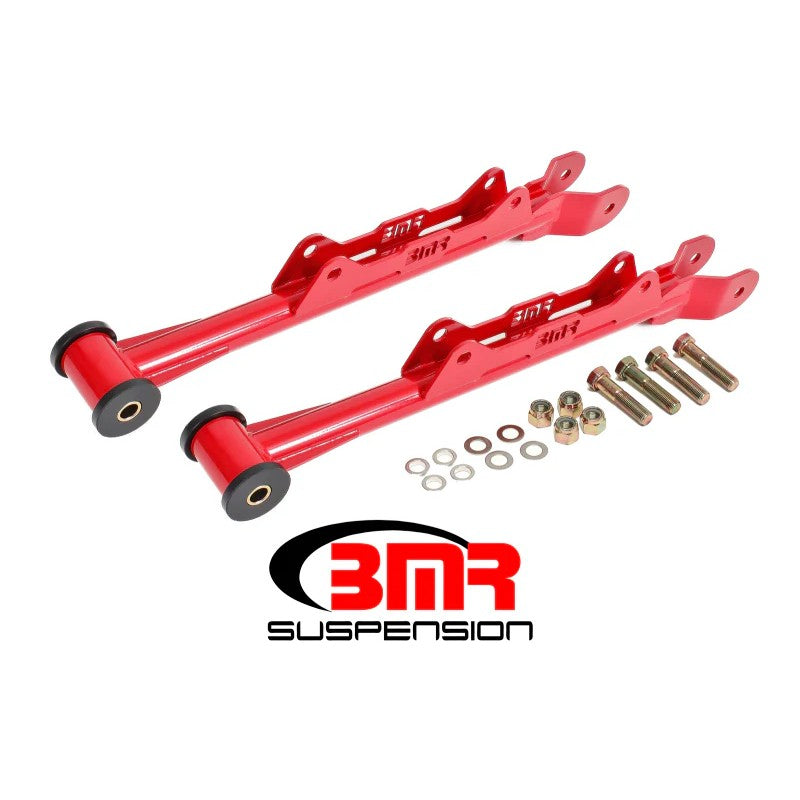 Red powder-coated tubular chrome-moly rear lower control arms with Delrin bushings for 2010-2015 Chevrolet Camaro.