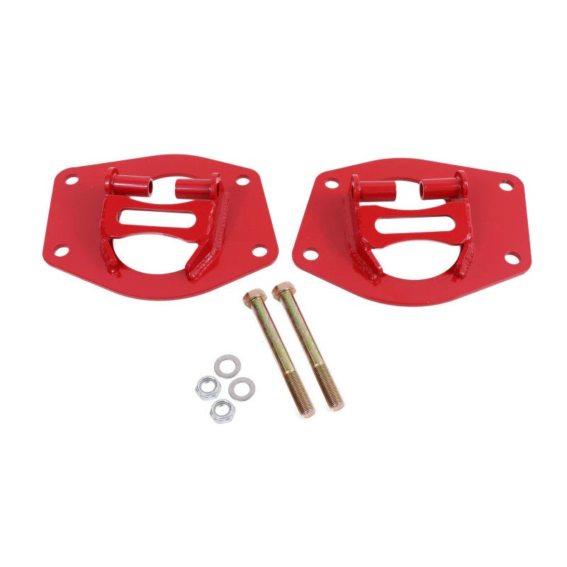 Red BMR Suspension rear upper coilover conversion mounts for 2010-2015 5th Gen Chevrolet Camaro