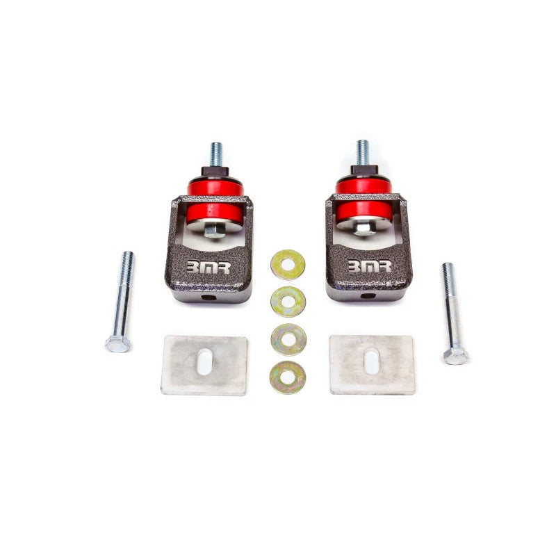 Black hammertone MIG-welded steel motor mounts with red polyurethane bushings and Grade 8 hardware for 5th Gen Camaro.