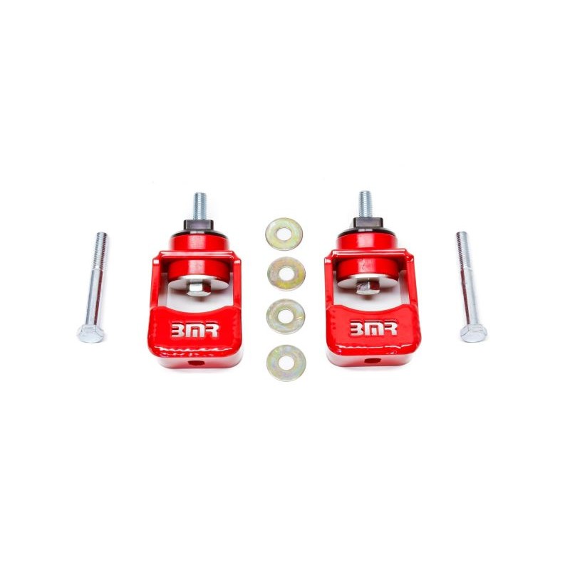Red BMR Suspension polyurethane motor mount kit for 5th Gen Camaro with MIG-welded steel plates and aluminum lugs.