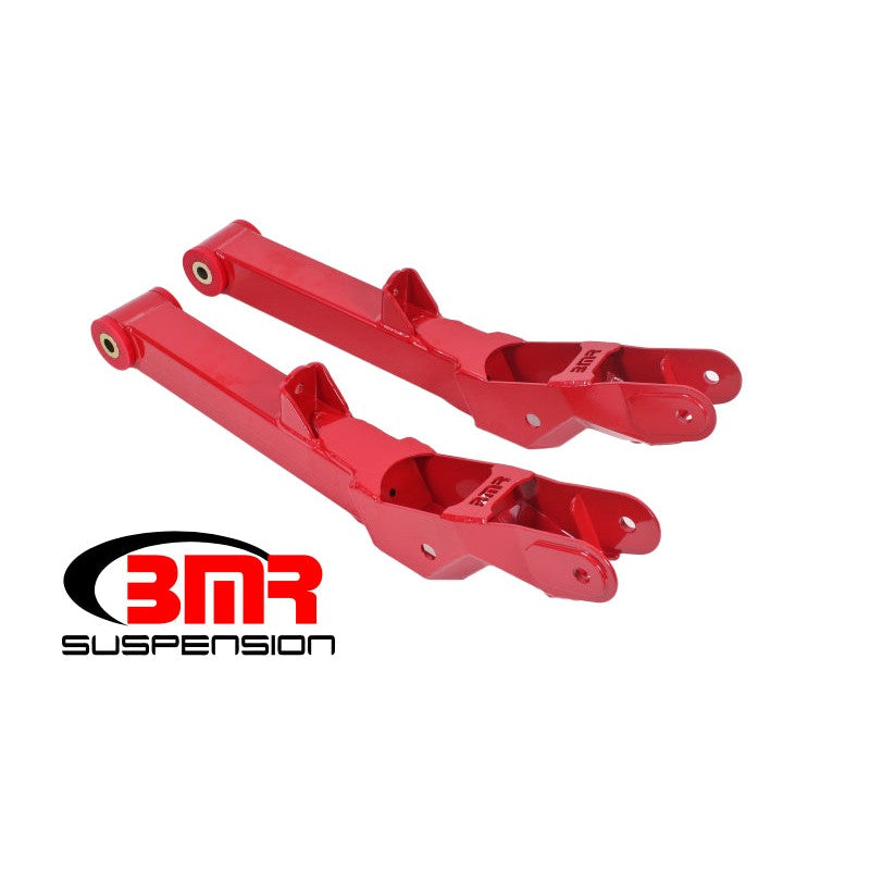 Red BMR Suspension TCA028R non-adjustable rear lower control arms with polyurethane bushings for 2008-2017 GM Zeta chassis
