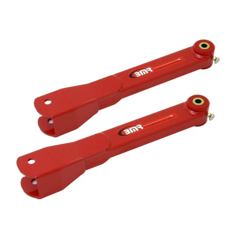 Red BMR non-adjustable boxed steel rear trailing arms with polyurethane bushings for 2008-2017 GM Zeta chassis