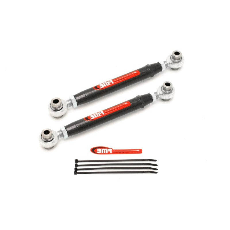 BMR Suspension adjustable rear toe rods with spherical rod ends in Black Hammertone finish for 5th Gen Chevrolet Camaro.
