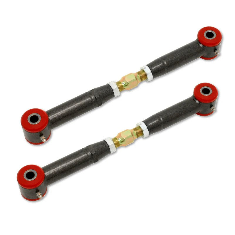 BMR Black Hammertone adjustable rear toe rods with red polyurethane bushings for 2010-2015 Camaro
