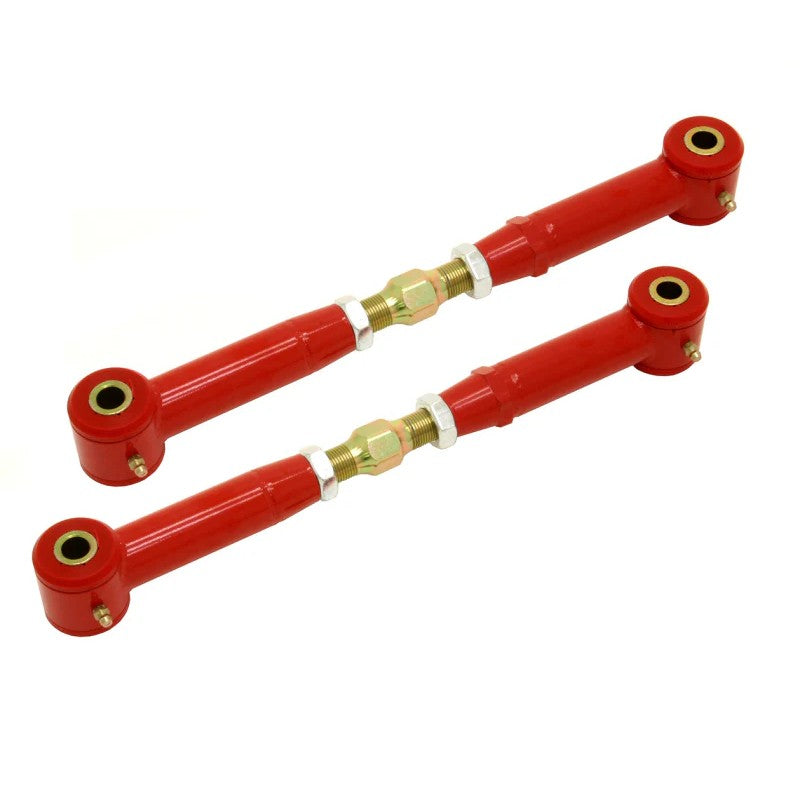 BMR Suspension red adjustable rear toe rods with polyurethane bushings for 2010-2015 Camaro.