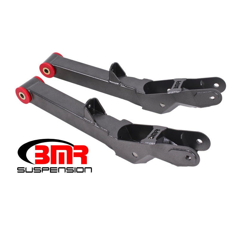 BMR TCA028H non-adjustable rear lower control arms finished in black hammertone with polyurethane bushings.