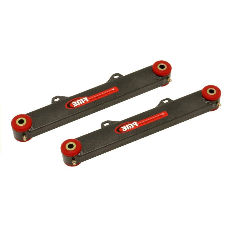 BMR Black Hammertone steel rear toe rods with red polyurethane bushings and zinc-plated sleeves for 5th Gen Camaro.