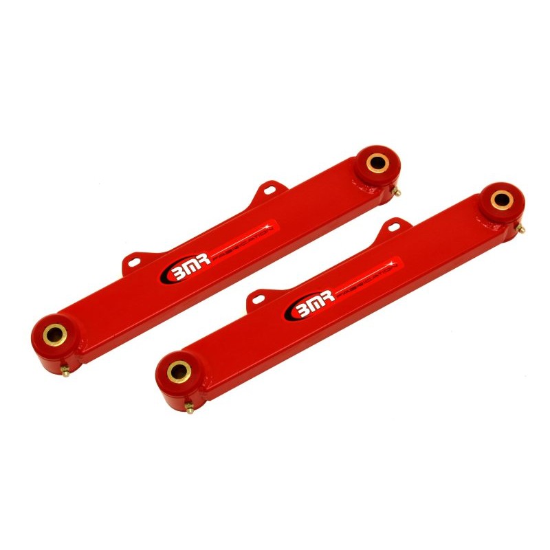 Pair of BMR red powdercoated steel non-adjustable rear toe rods with polyurethane bushings for 5th Gen Camaro.