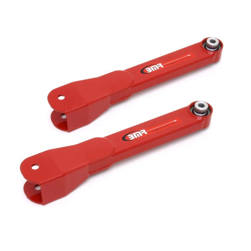 Red powder-coated BMR boxed steel rear trailing arms with spherical bearings for 2008-2017 GM Zeta chassis.