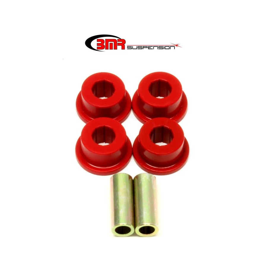 Red BMR 95-durometer polyurethane rear outer trailing arm bushings with internal grease flutes for BK006 kit