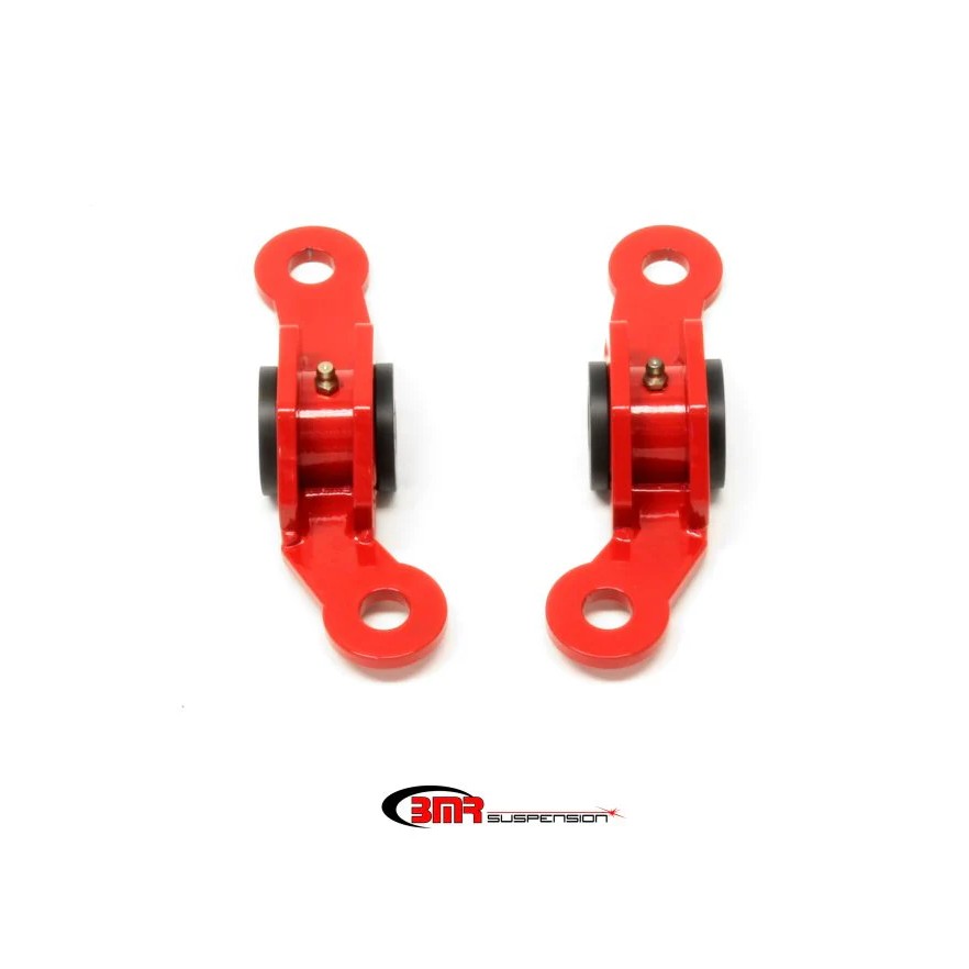 Red powdercoated BMR rear upper control arm bushing kit with Delrin inserts and zinc-coated hardware for Camaro and G8.