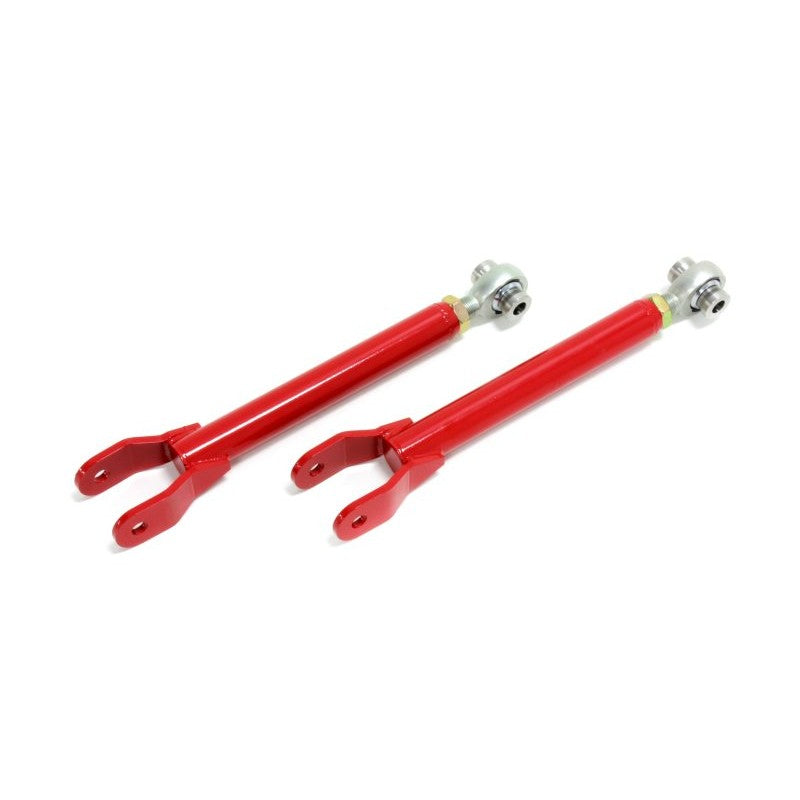 Red BMR Suspension rear trailing arms featuring adjustable Teflon-lined spherical rod ends and DOM steel construction.