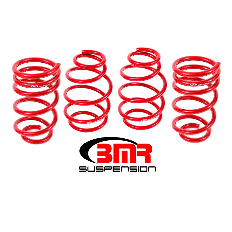 Four red powdercoated BMR Suspension lowering springs for 2010-2015 Chevrolet Camaro V8 models.